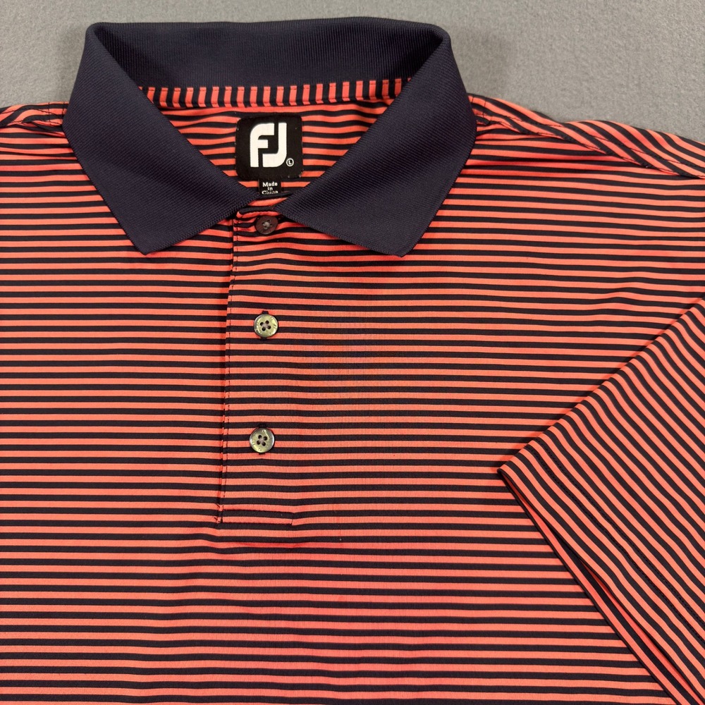 FootJoy Mens Striped Performance Golf Polo Shirt Coral Navy‎ Blue Large